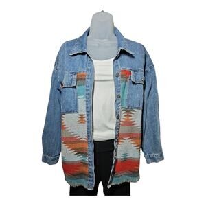 Womens Aztec Western Boho Print Denim Shacket Button Down Jacket Size Large